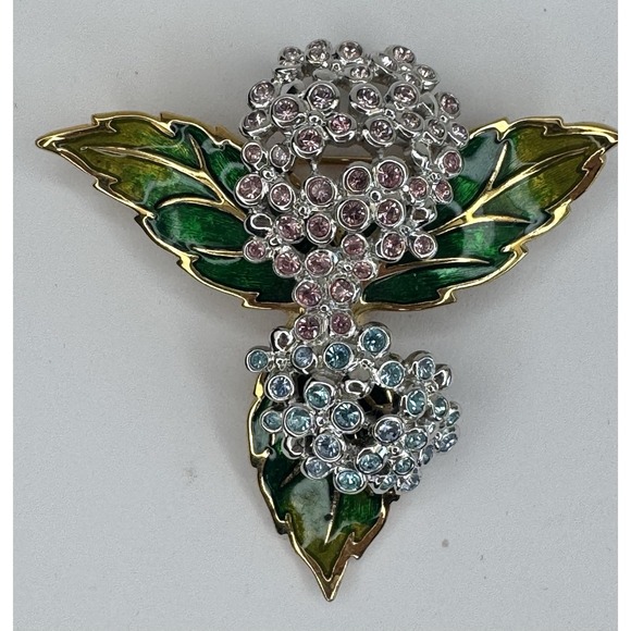 Swarovski Pink And Blue Pave Crystals & Enamel Hydrangea Brooch